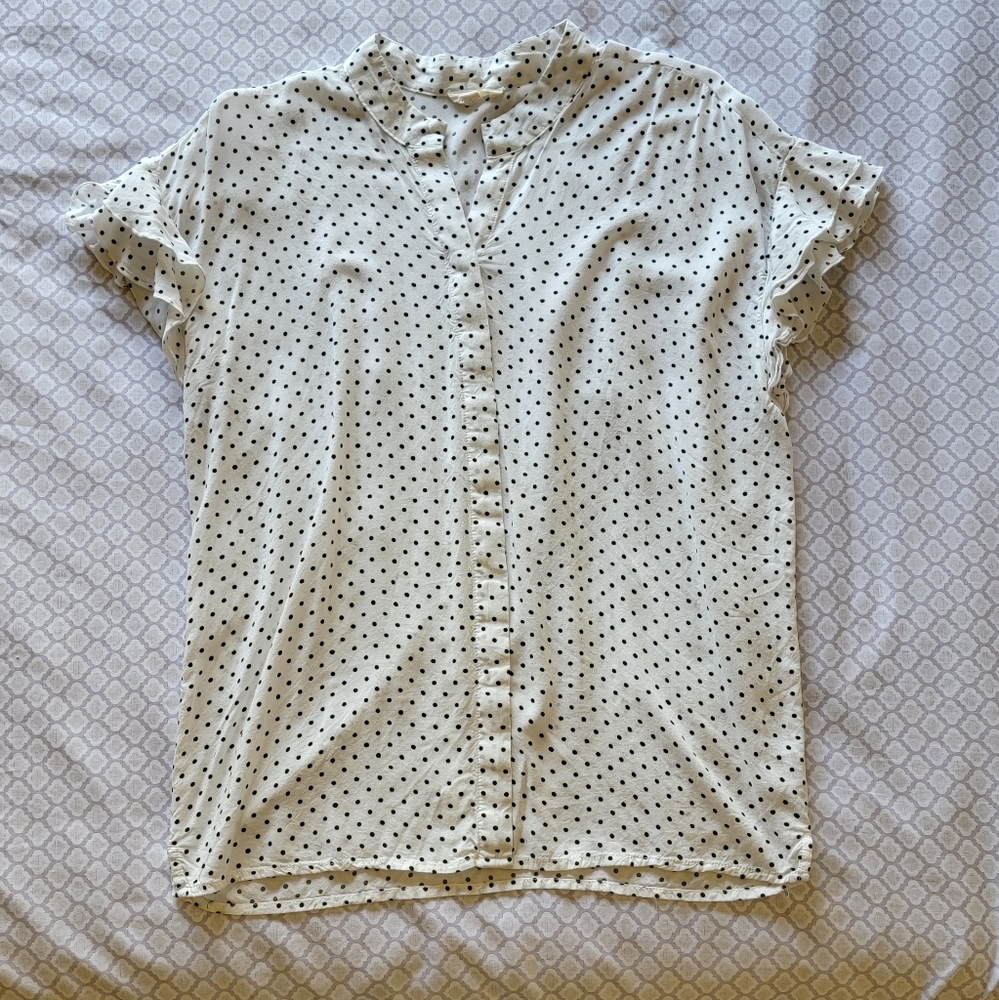 white polka-dot women's button down shirt, M